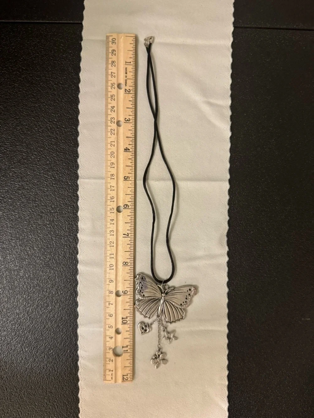 Double-Sided Butterfly Pendant Necklace with Charm Drops - Silver Tone